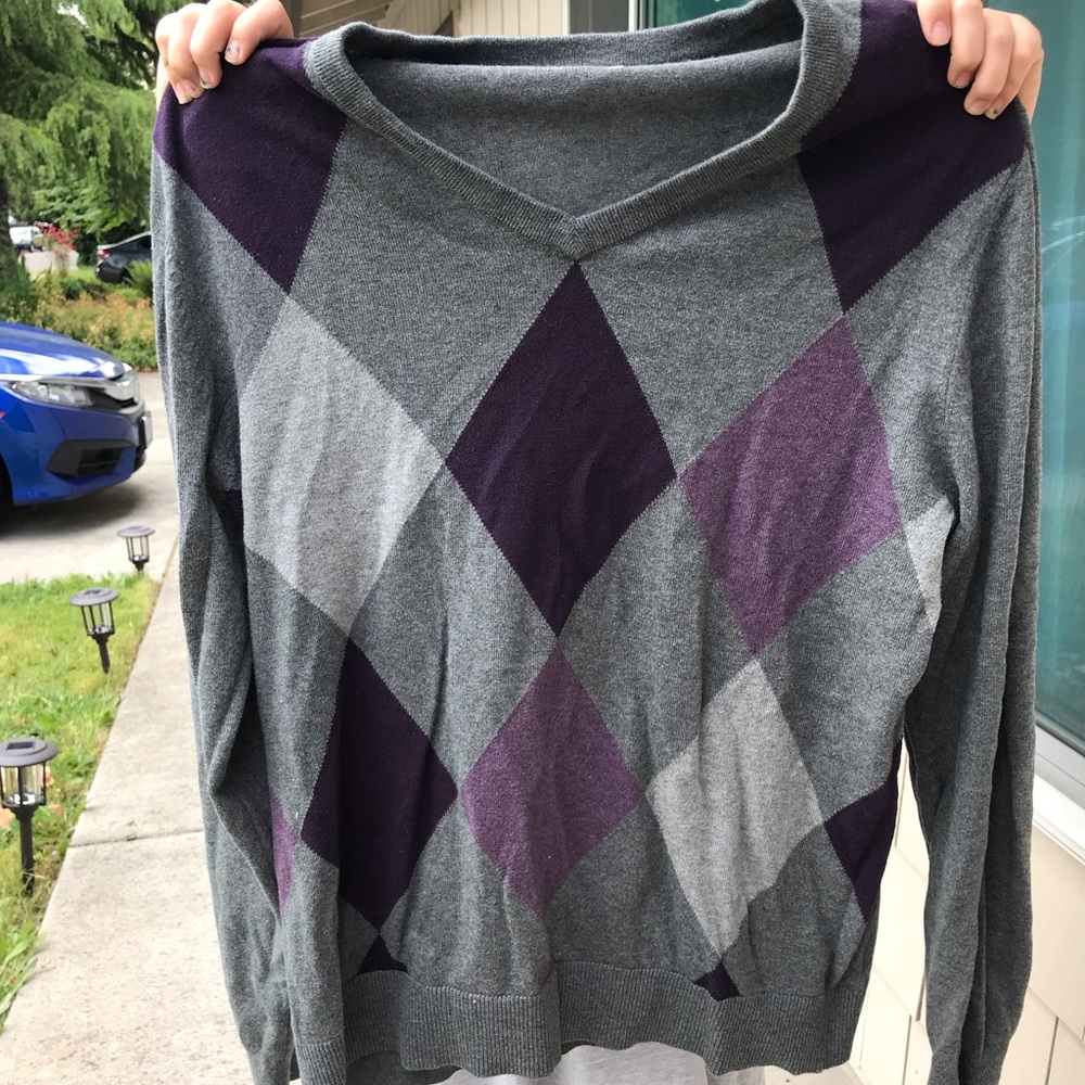 purple patterned men’s sweater